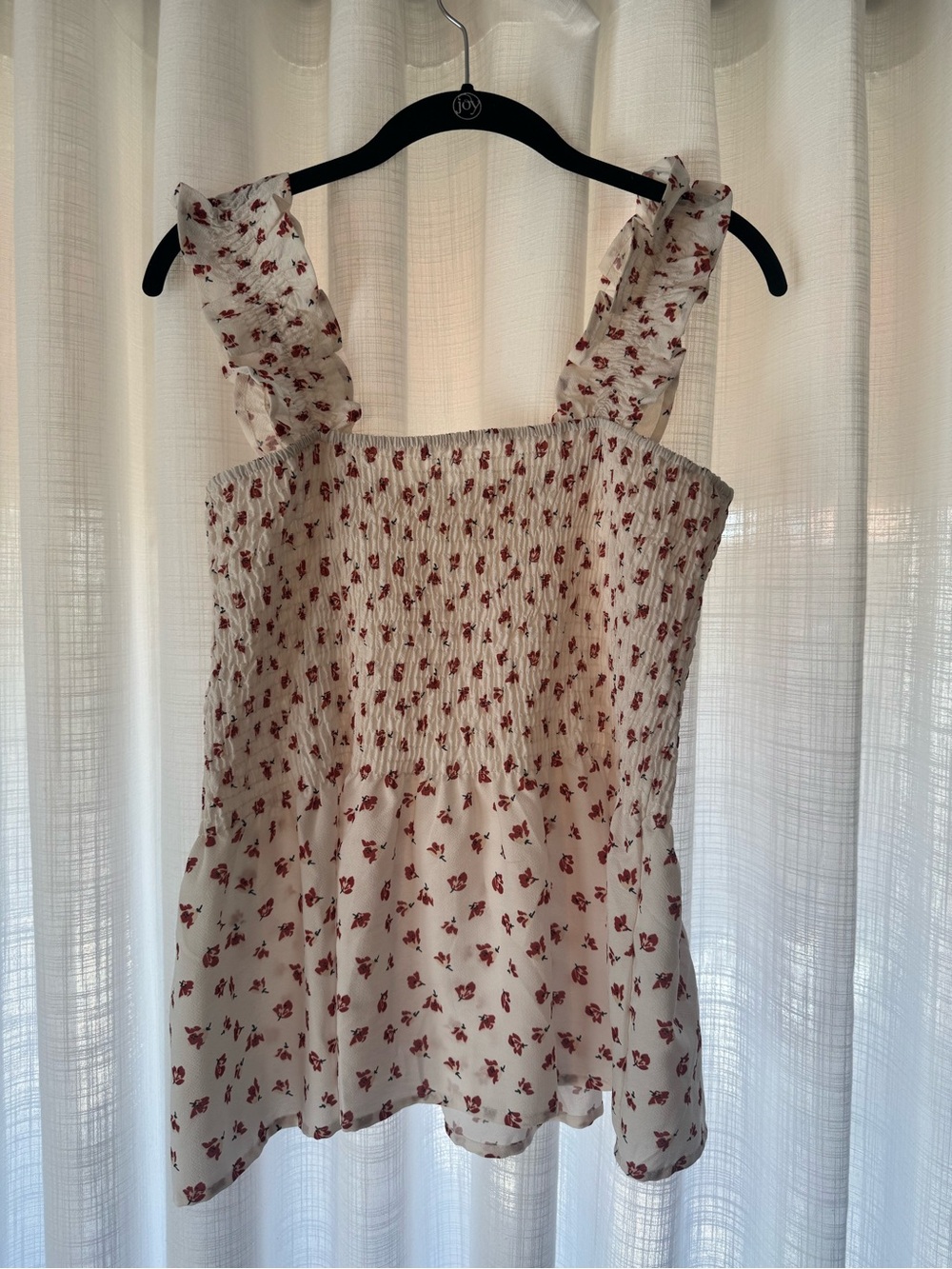 Women's Cream Smocked Floral Ruffle Strap Top